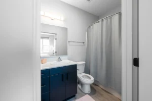 Modern bathroom with neutral colors.