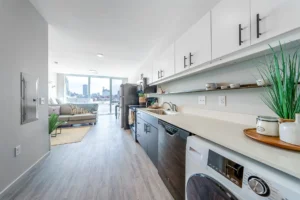 Modern kitchen with city view.