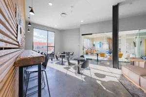 Modern interior with seating area.