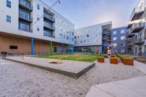 Modern courtyard with recreational features.