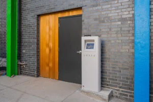 Modern entrance with automated kiosk.
