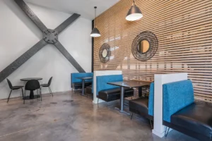 Modern cafe with stylish seating design.