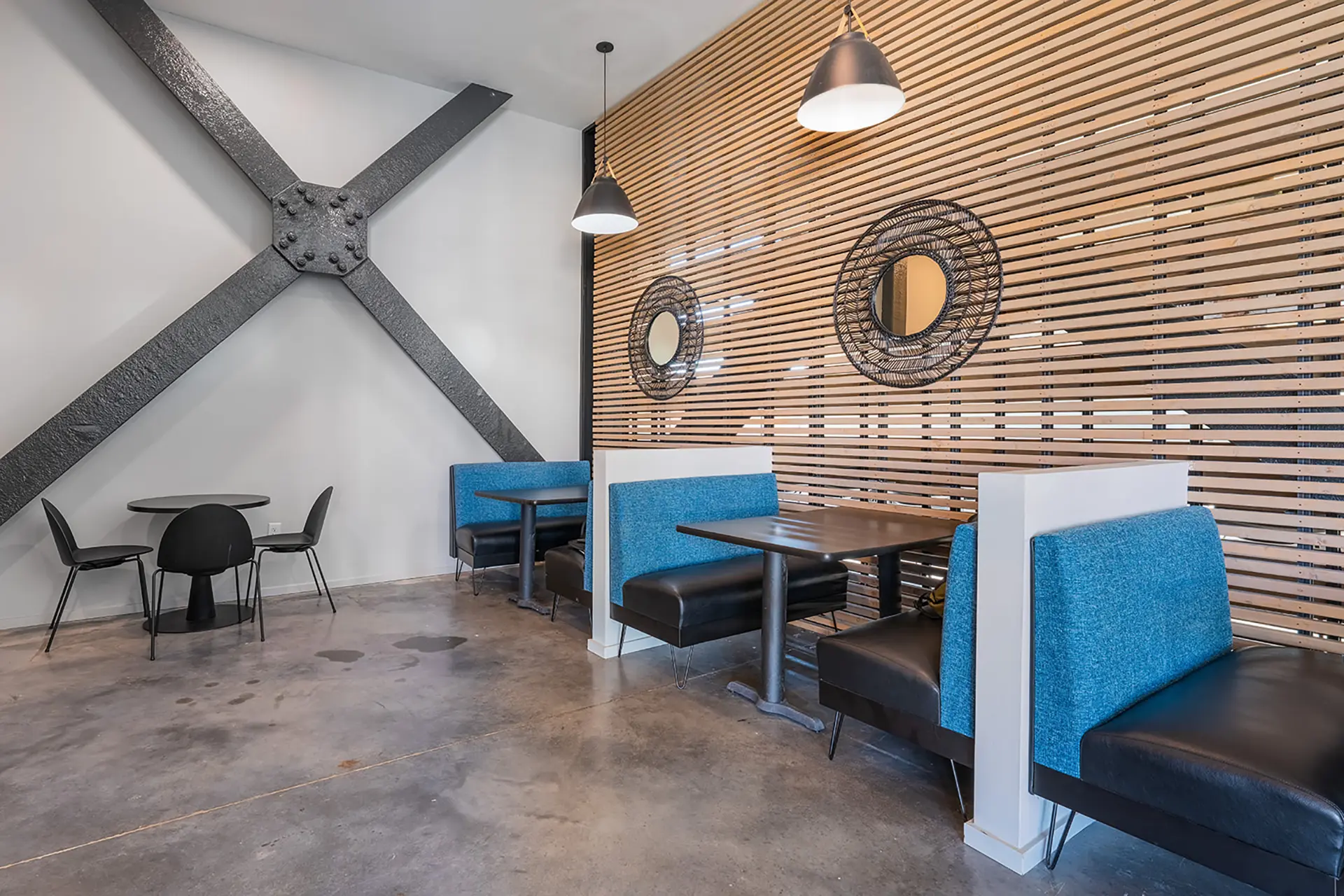 Modern cafe with stylish seating design.