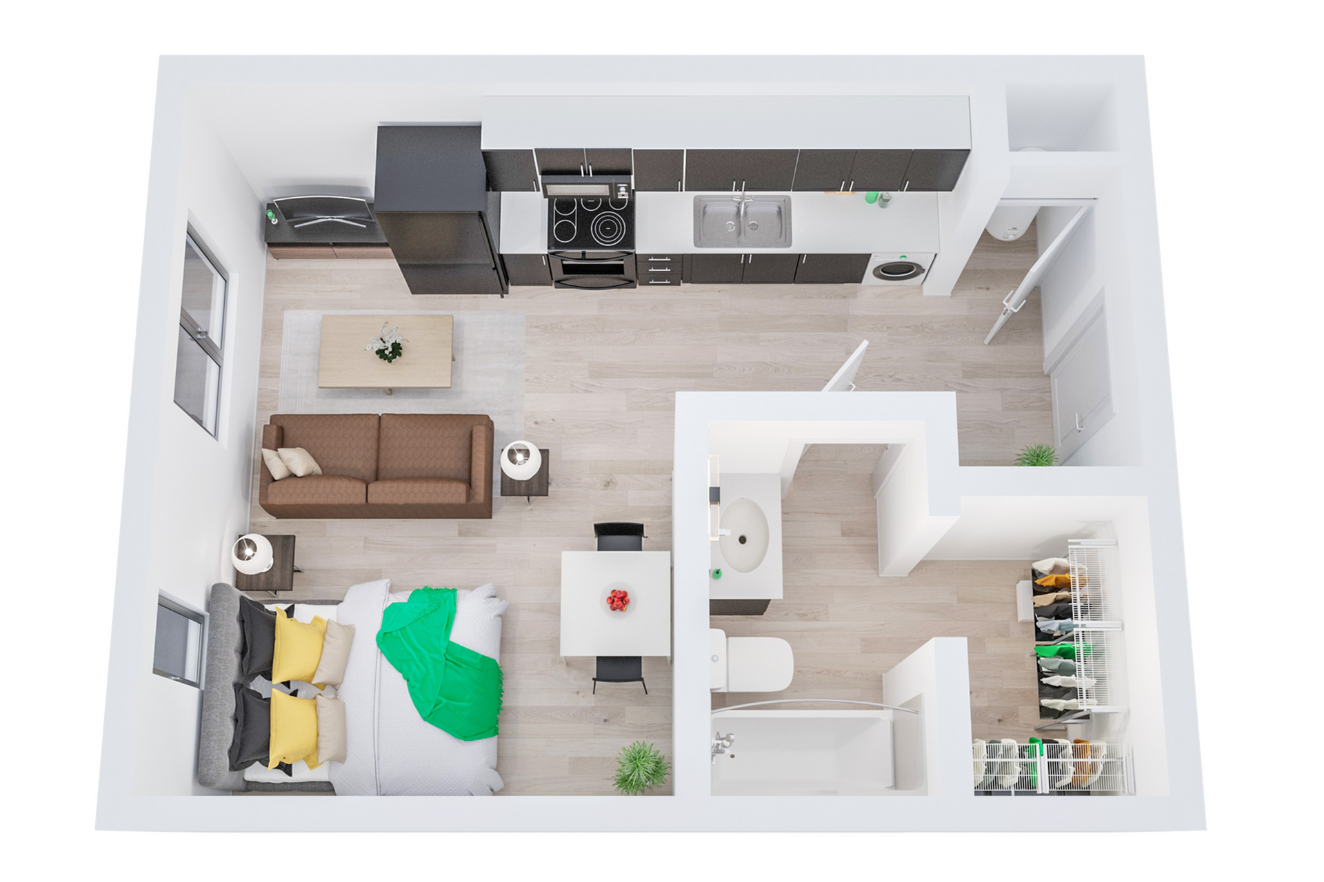 A 3D image of the Studio &ndash; The CJ floorplan, a 405 squarefoot, 0 bed / 1 bath unit