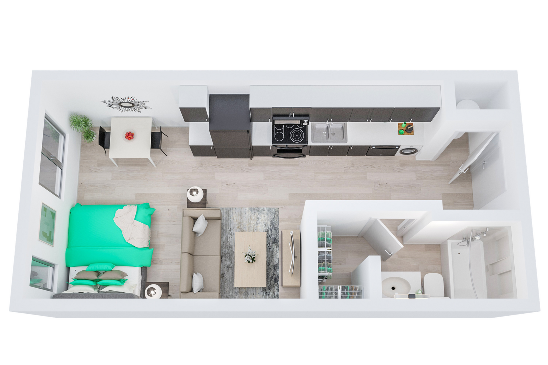 A 3D image of the Studio &ndash; The Micklin floorplan, a 426 squarefoot, 0 bed / 1 bath unit