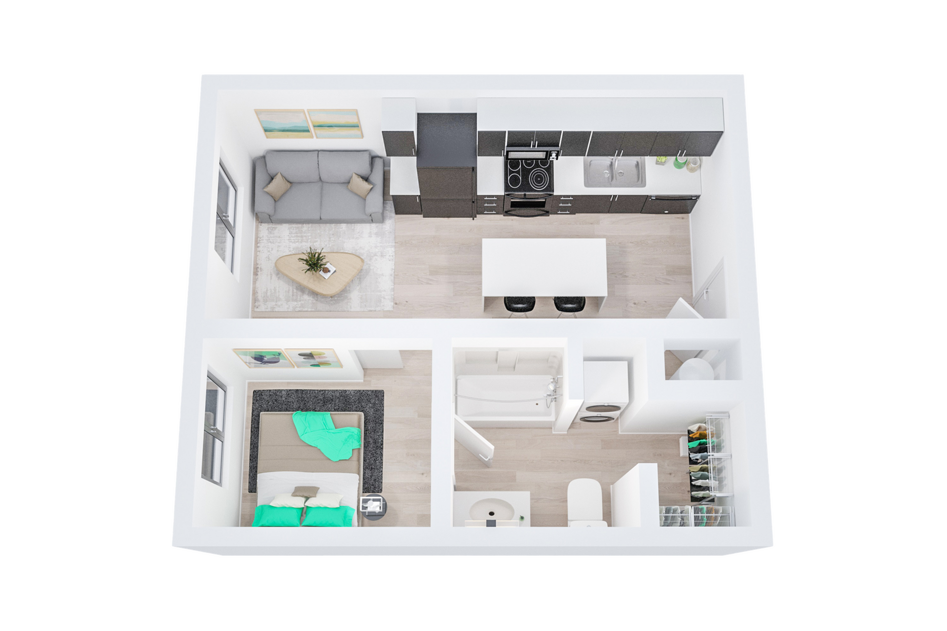 A 3D image of the 1BR/1BA &ndash; The X floorplan, a 450 squarefoot, 1 bed / 1 bath unit