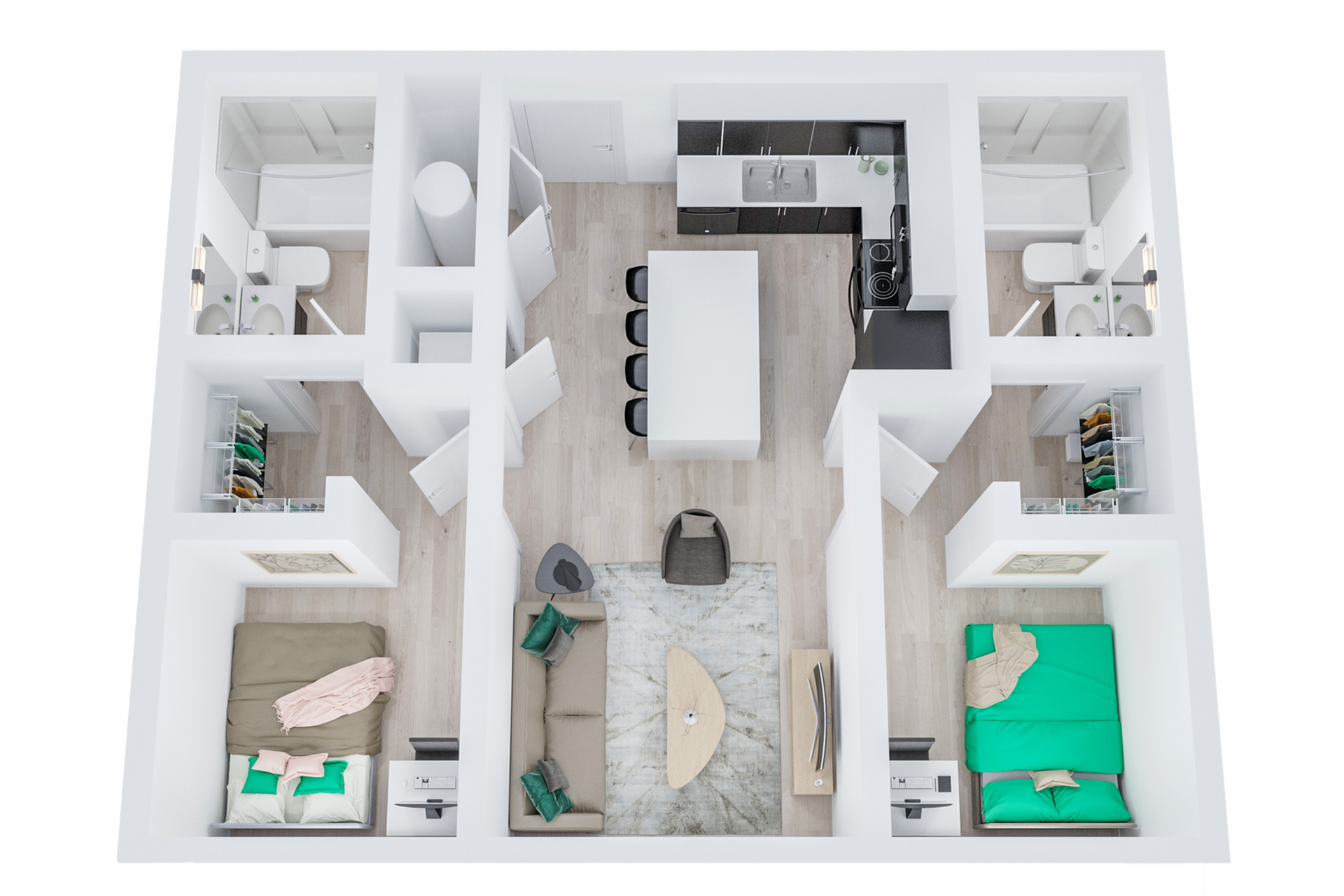 A 3D image of the 2BR/2BA &ndash; The Timu floorplan, a 675 squarefoot, 2 bed / 2 bath unit