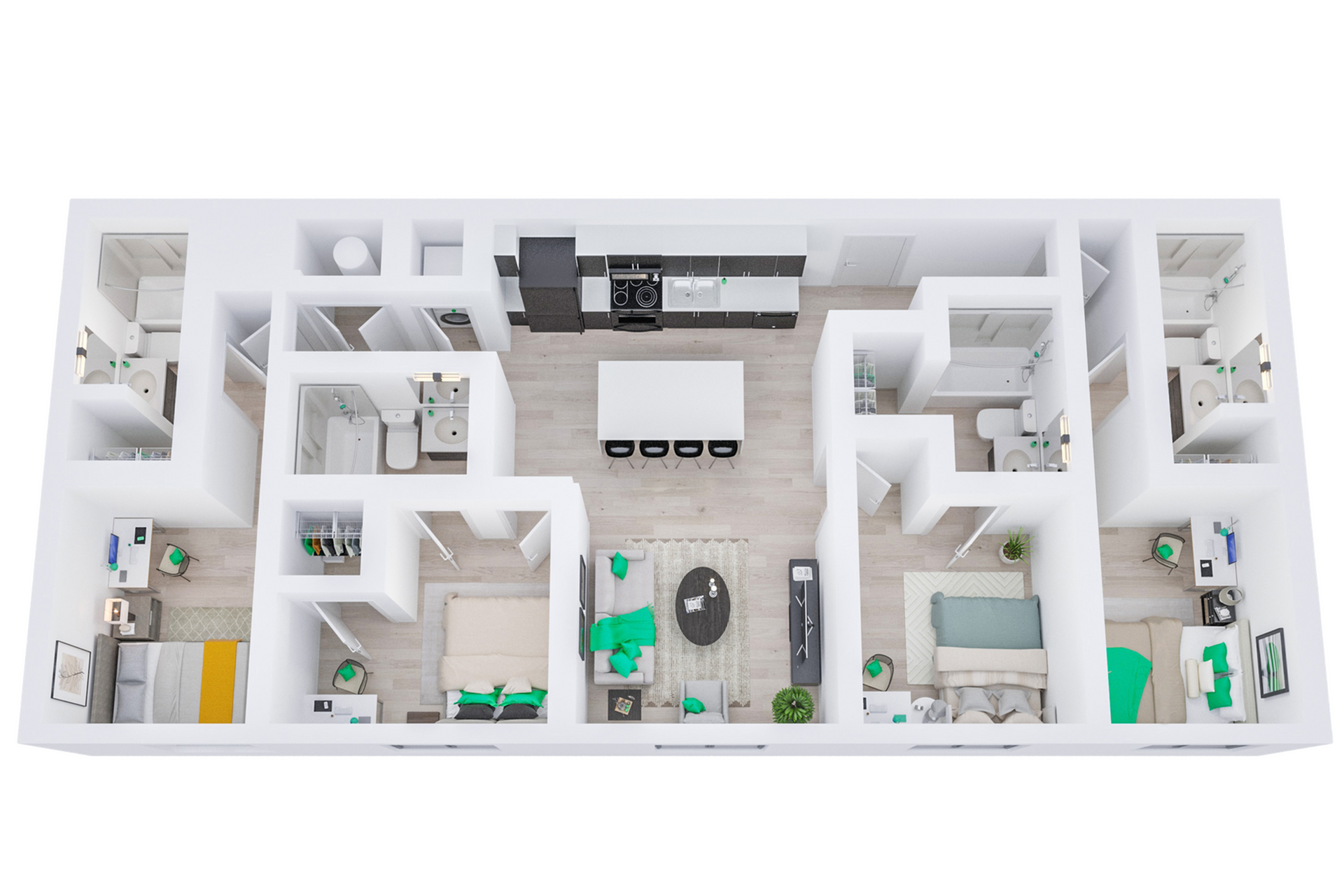 A 3D image of the 4BR/4BA &ndash; The Creeker floorplan, a 1234 squarefoot, 4 bed / 4 bath unit