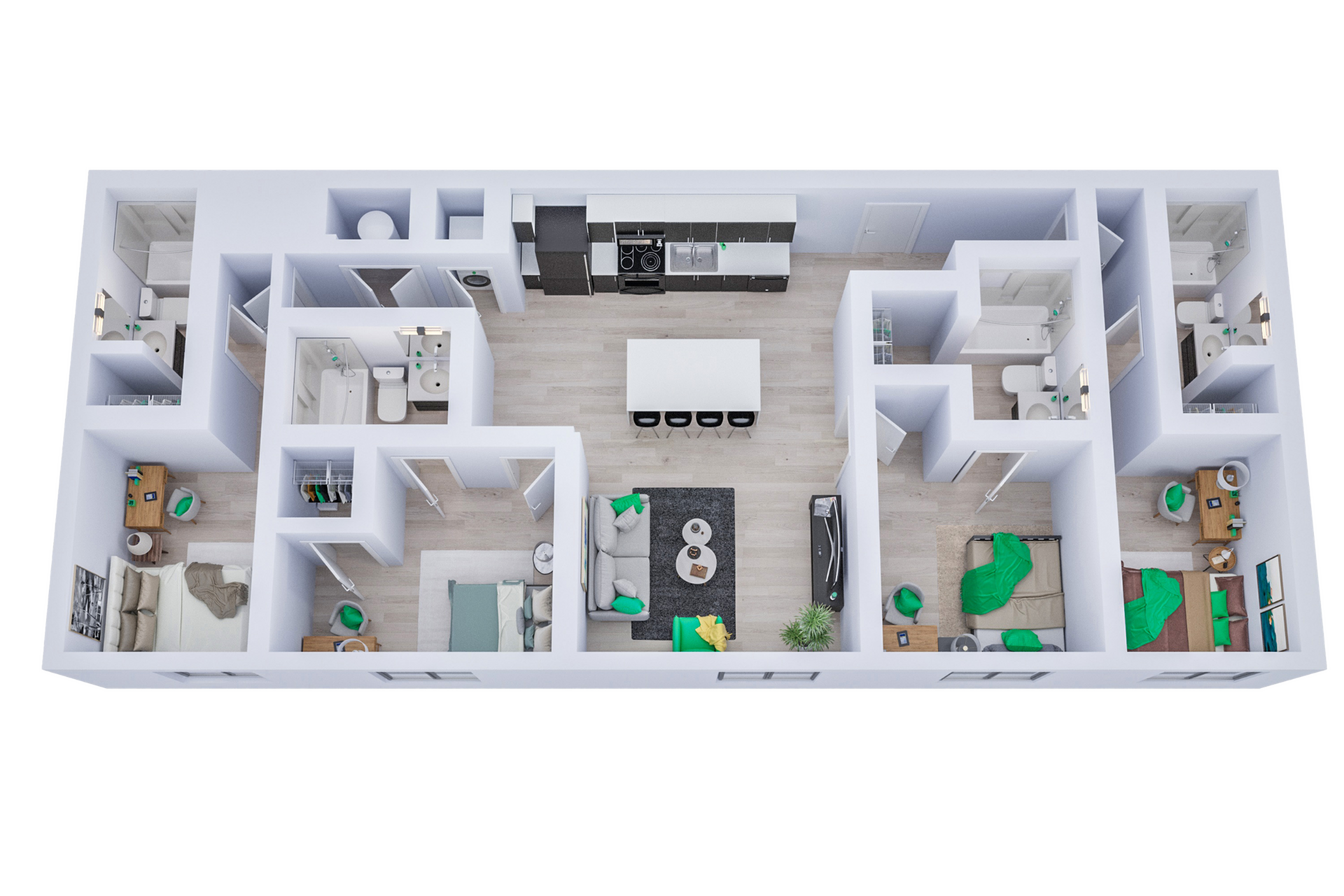 A 3D image of the 4BR/4BA &ndash; The Love floorplan, a 1351 squarefoot, 4 bed / 4 bath unit